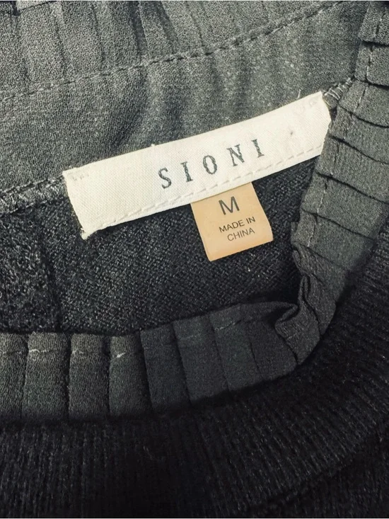 Sioni Black Crewneck Sweater with Pleated Sheer Balloon Sleeves - Picture 3 of 5